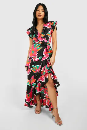 Petite Bold Floral Wrap Ruffle Maxi Dress