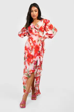 Petite Chiffon Floral Wrap Ruffle Maxi Dress