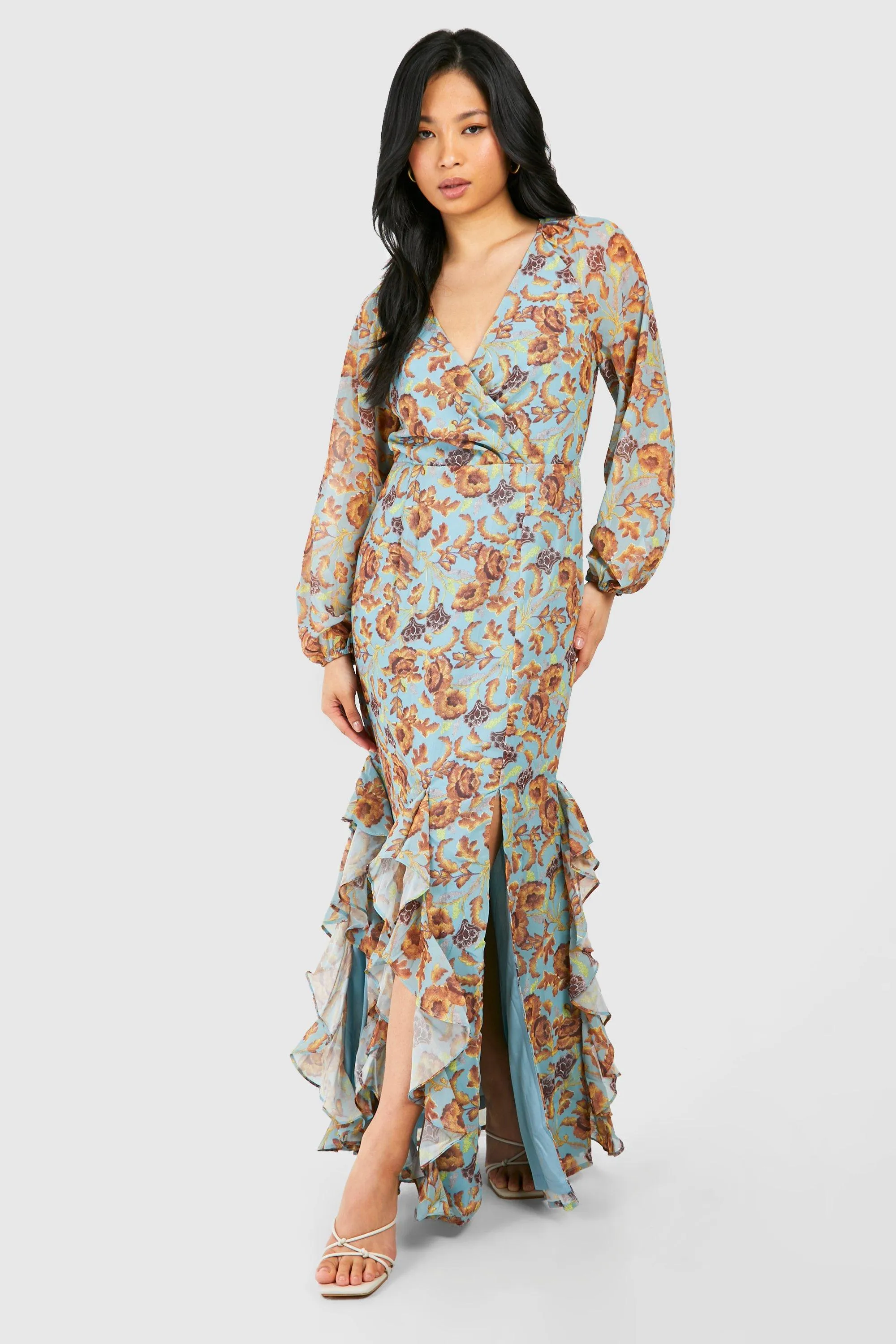 Petite Floral Print Ruffle Wrap Maxi Dress