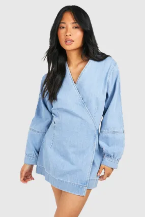 Petite Puff Sleeve Denim Wrap Dress