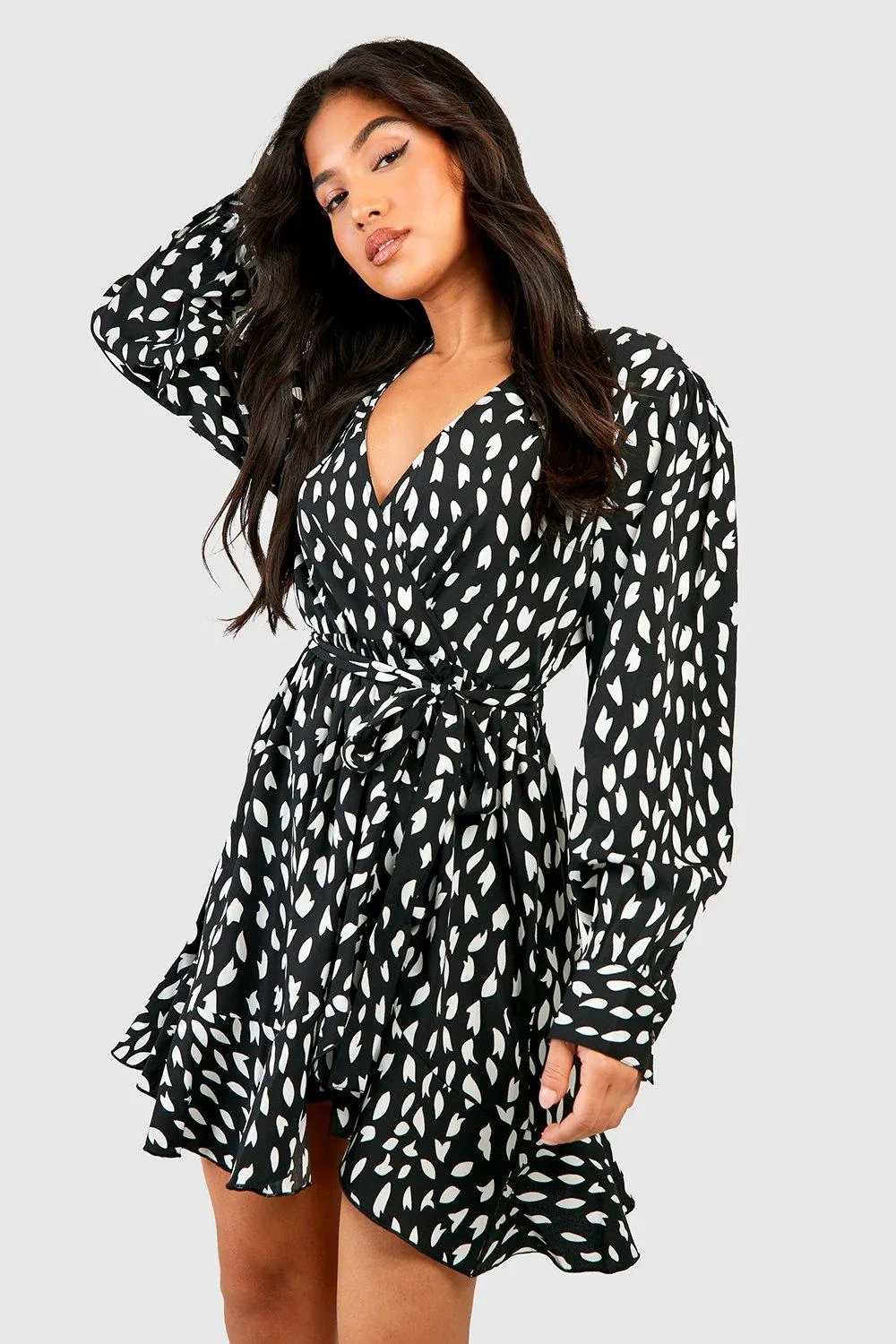 Petite Smudge Print Ruffle Woven Wrap Dress