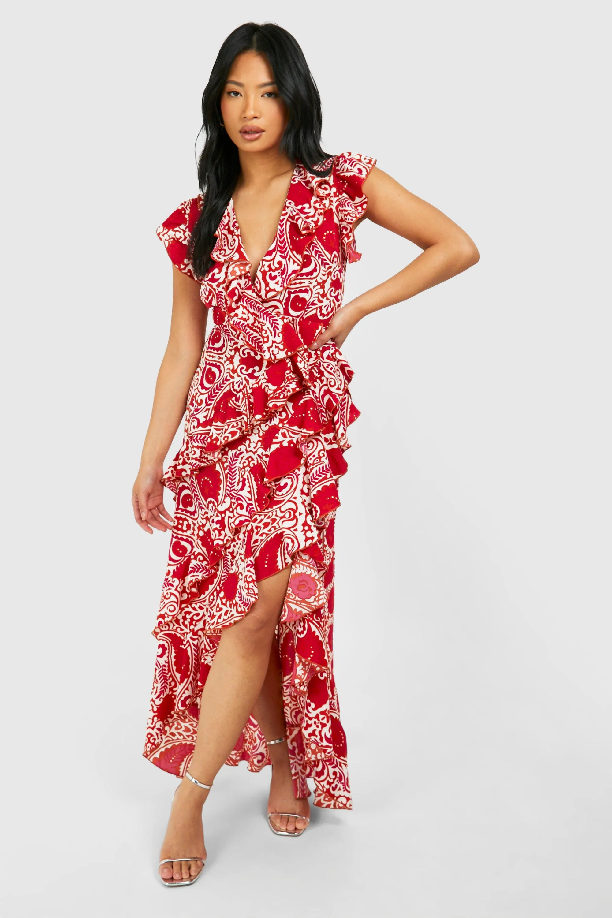 Petite Tile Print Wrap Ruffle Maxi Dress