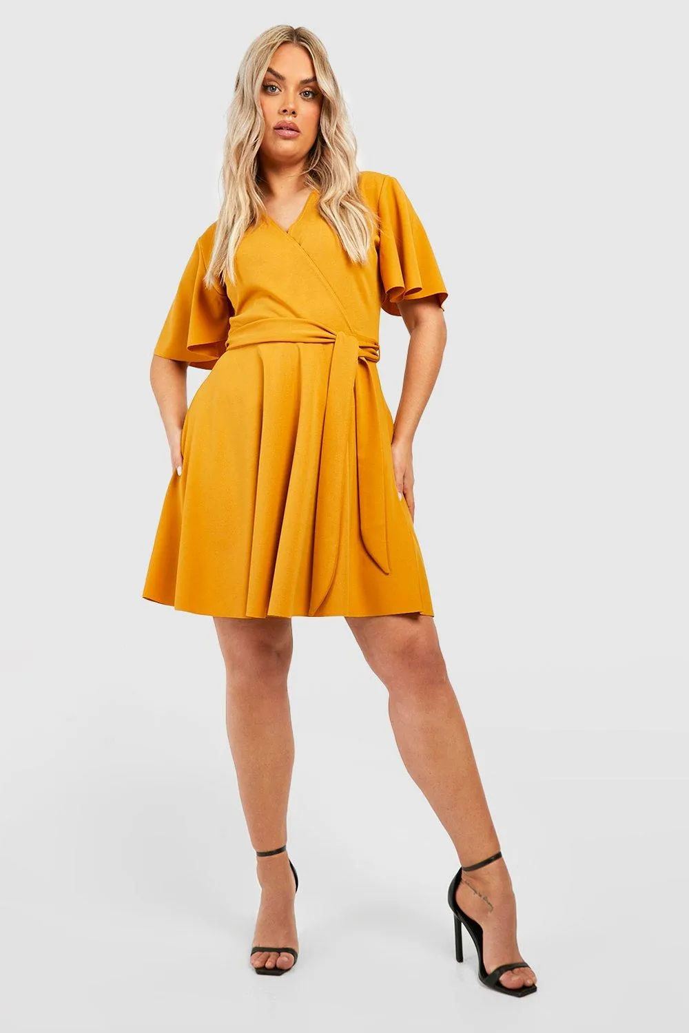 Plus Angel Sleeve Wrap Tie Belt Skater Dress