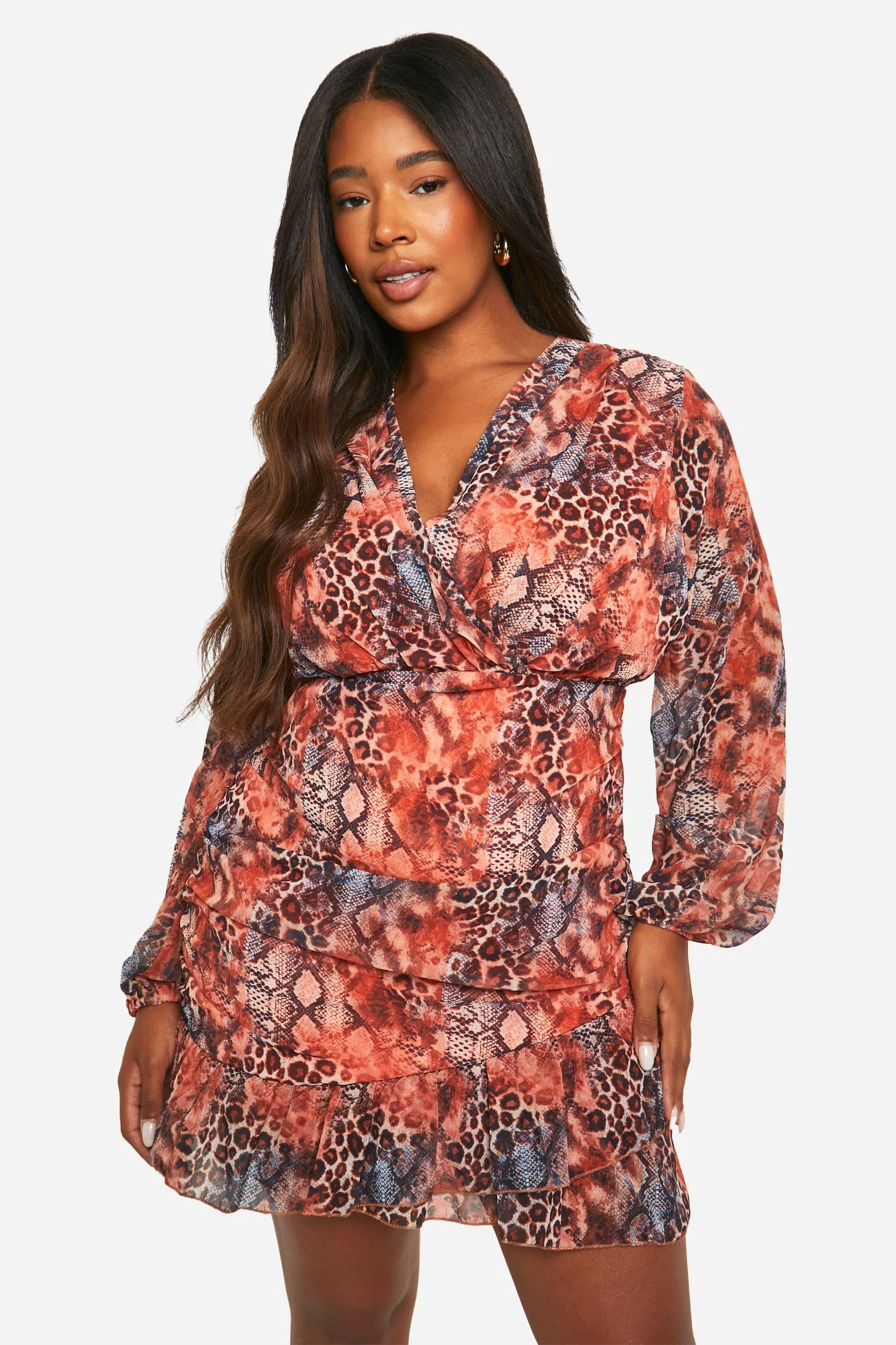 Plus Chiffon Leopard Ruffle Wrap Dress