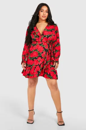 Plus Floral Long Sleeve Wrap Dress