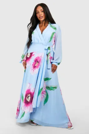 Plus Floral Print Long Sleeve Wrap Maxi Dress