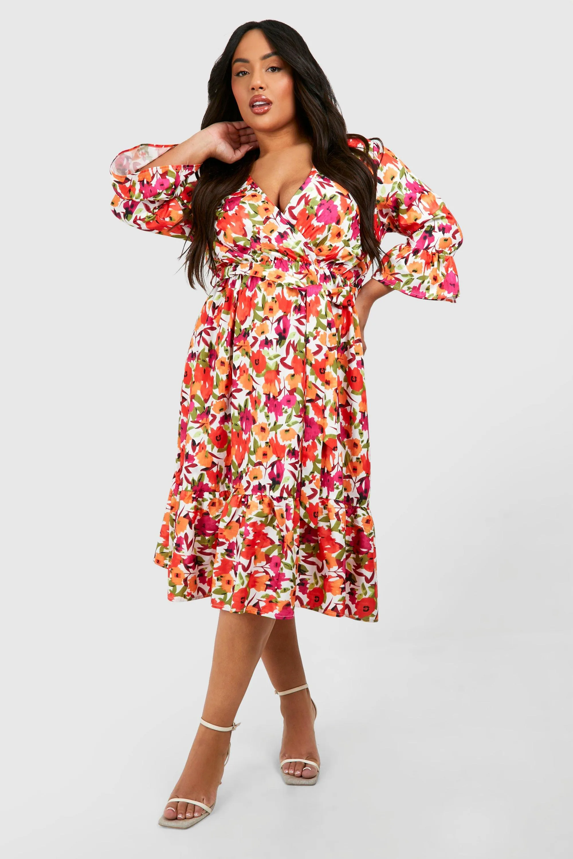 Plus Floral Print Ruffle Hem Spotty Wrap Dress