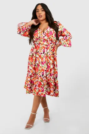 Plus Floral Print Ruffle Hem Spotty Wrap Dress