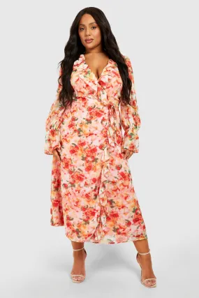 Plus Floral Print Ruffle Wrap Midi Dress