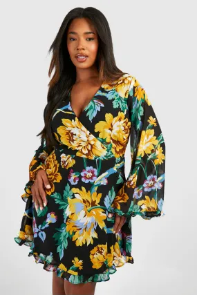 Plus Floral Print Tassel Hem Wrap Dress