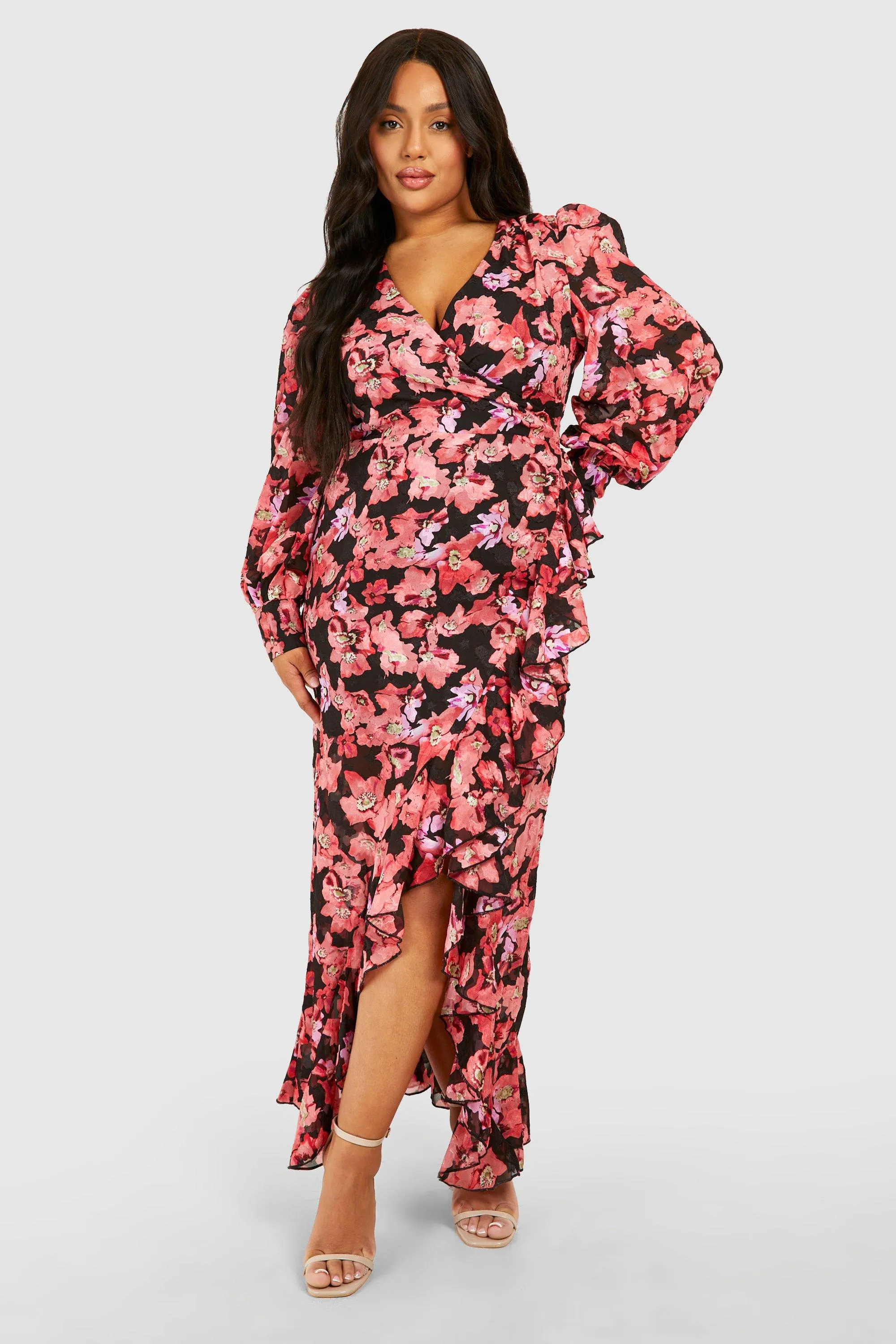 Plus Floral Ruffle Wrap Maxi Dress