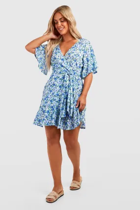 Plus Floral Textured Ruffle Wrap Dress