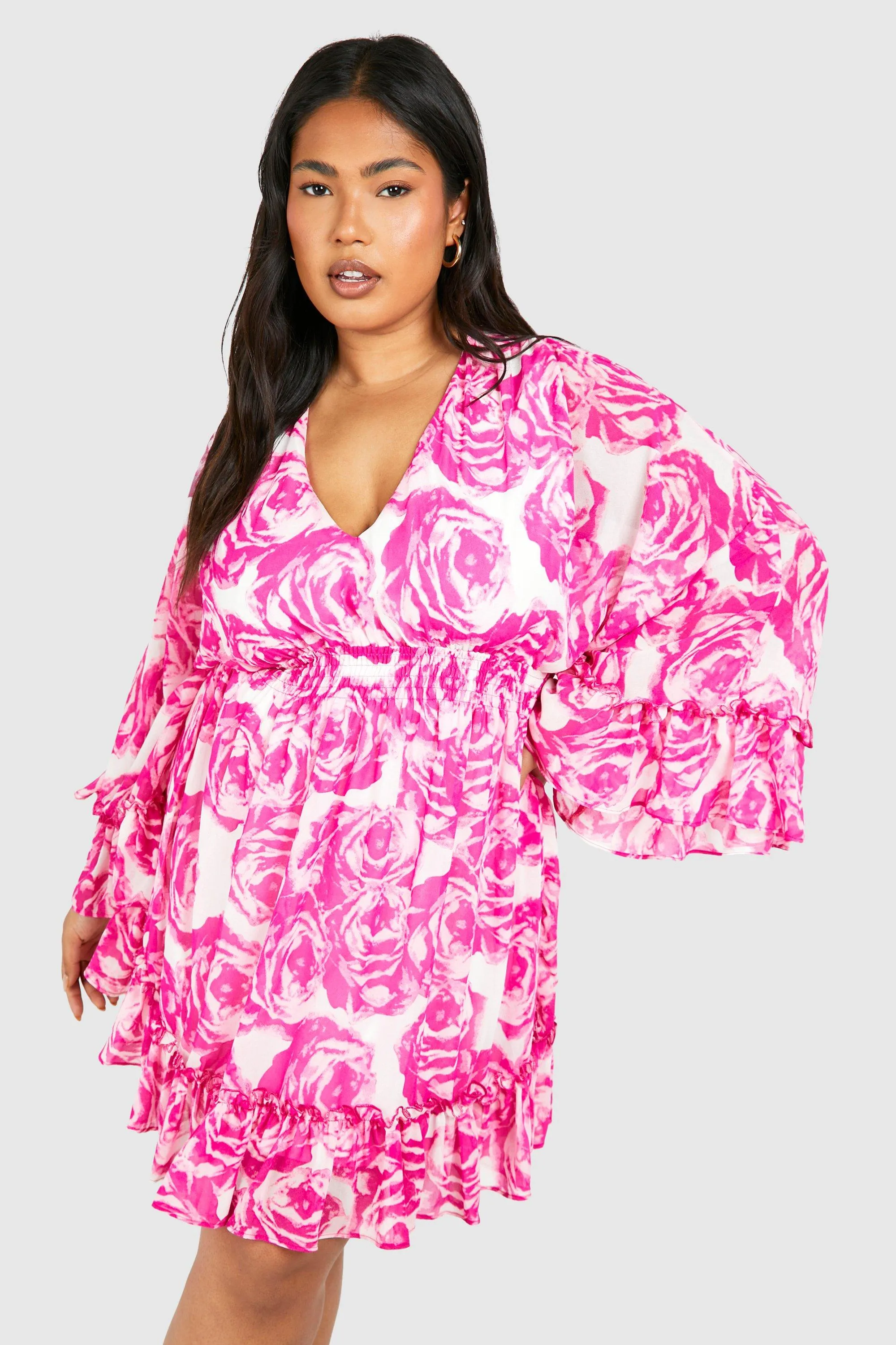 Plus Floral Wrap Extreme Sleeve Smock Dress