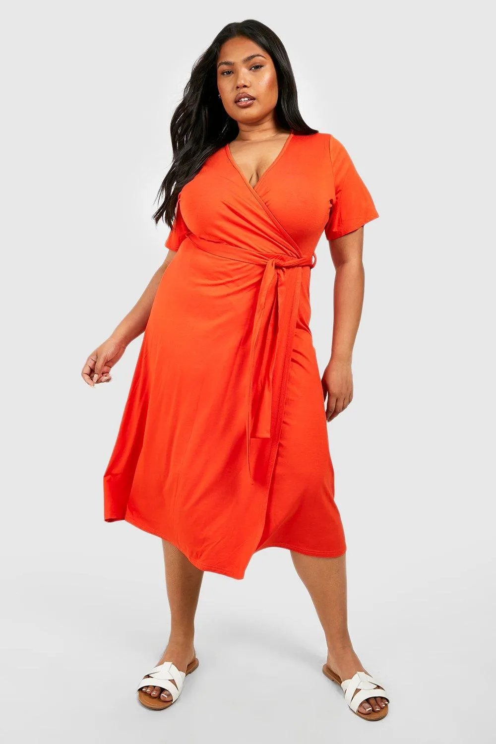 Plus Jersey Knit Tie Belt Wrap Midi Dress