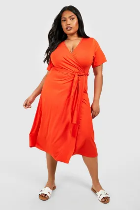 Plus Jersey Knit Tie Belt Wrap Midi Dress