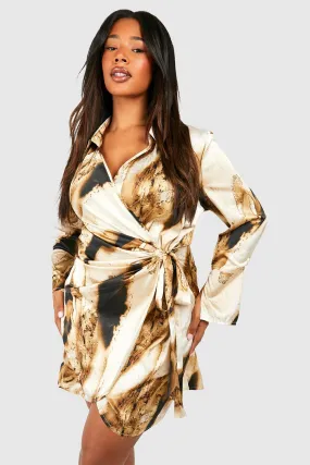 Plus Marble Print Wrap Shirt Dress