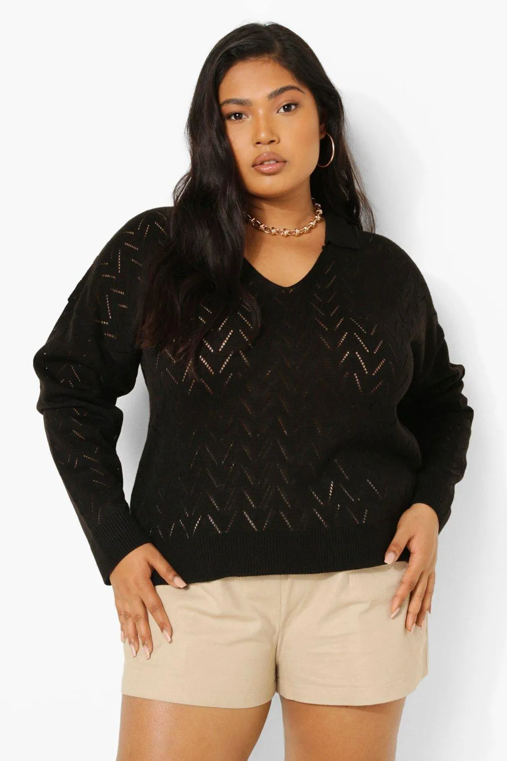 Plus Pointelle Knitted Collar Sweater