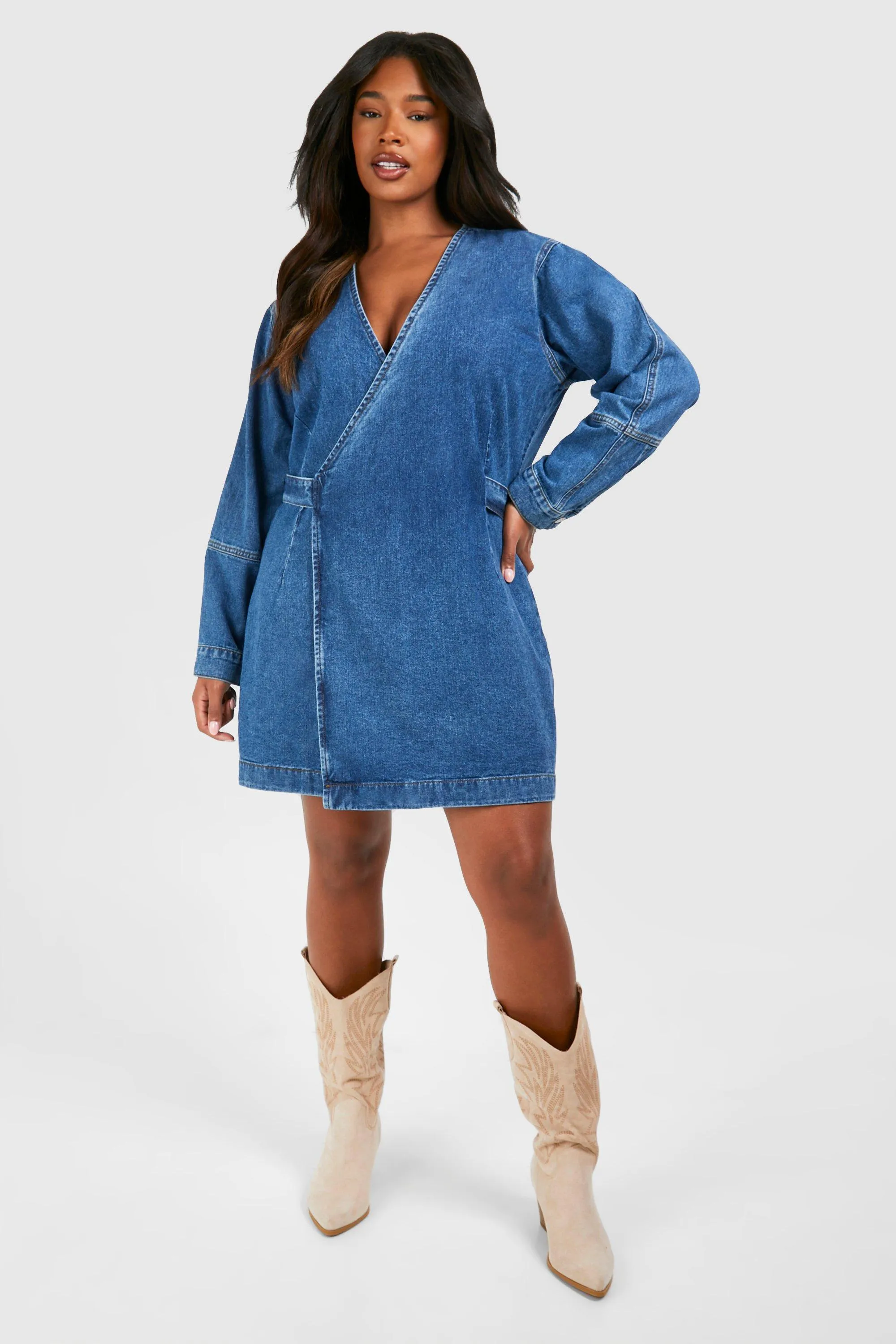 Plus Puff Sleeve Denim Wrap Dress