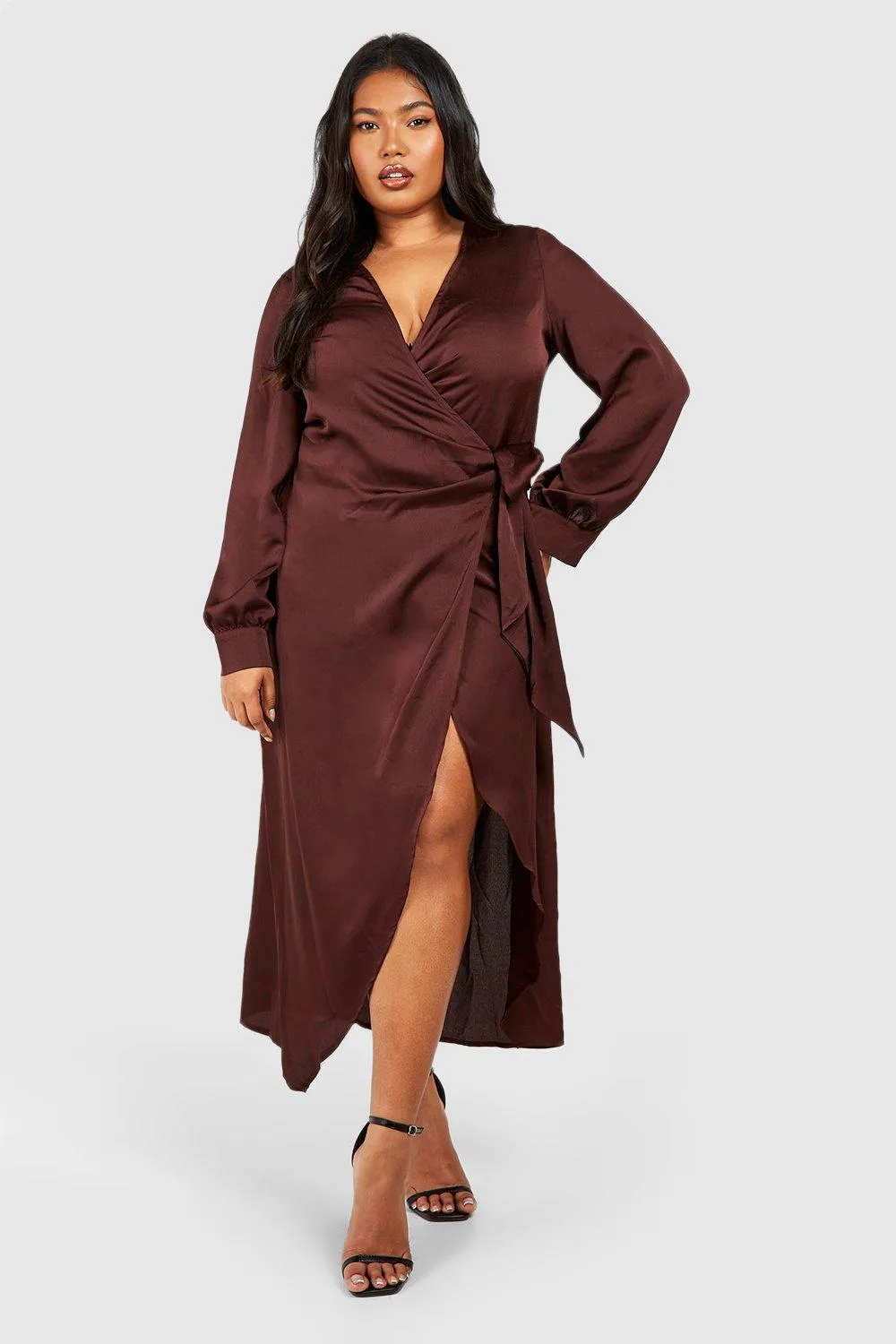 Plus Satin Blouson Sleeve Wrap Dress