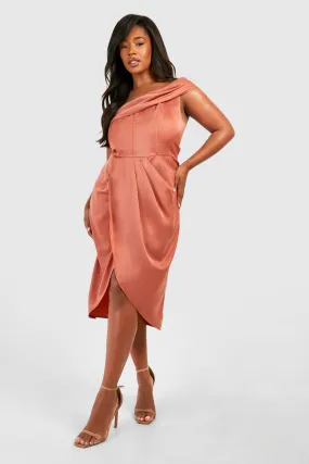 Plus Satin Corset Shoulder Wrap Midi Dress