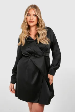 Plus Satin Wrap Collar Dress