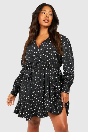 Plus Star Print Wrap Ruffle Skater Dress