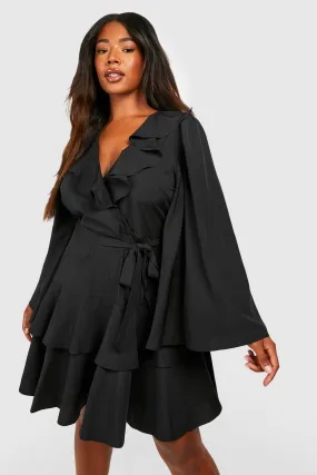 Plus Woven Ruffle Wrap Skater Dress