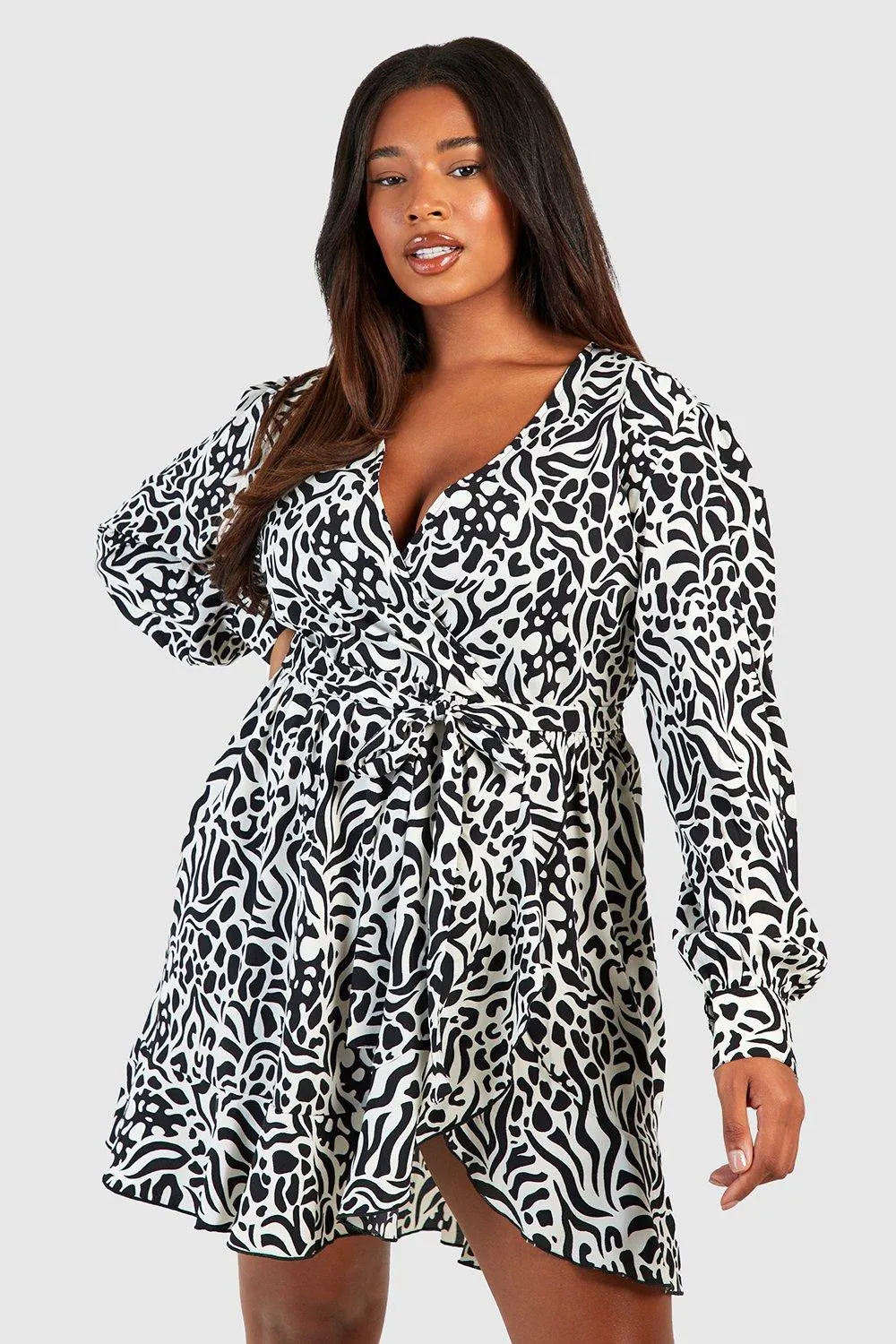 Plus Zebra Wrap Ruffle Skater Dress