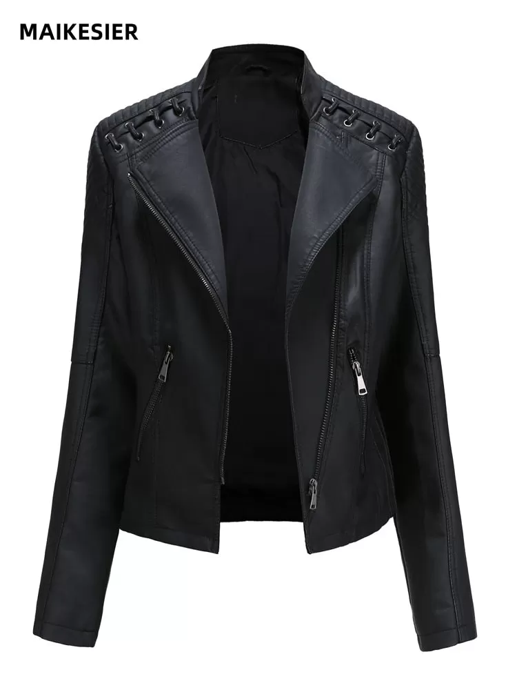 Pu Faux Leather Jackets Motorcycle Suit Casual Slim for Women