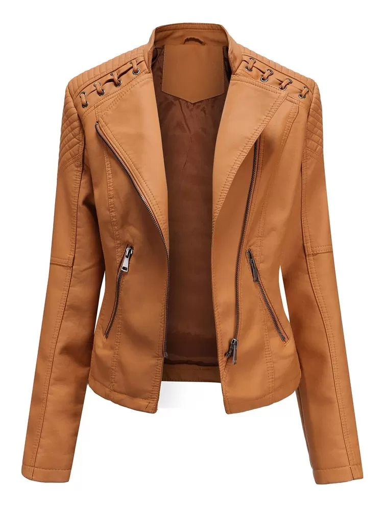 Pu Faux Leather Jackets Motorcycle Suit Casual Slim for Women