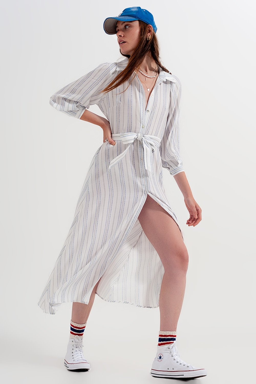 Q2 Button Through Smock Midi Dress in Stripe