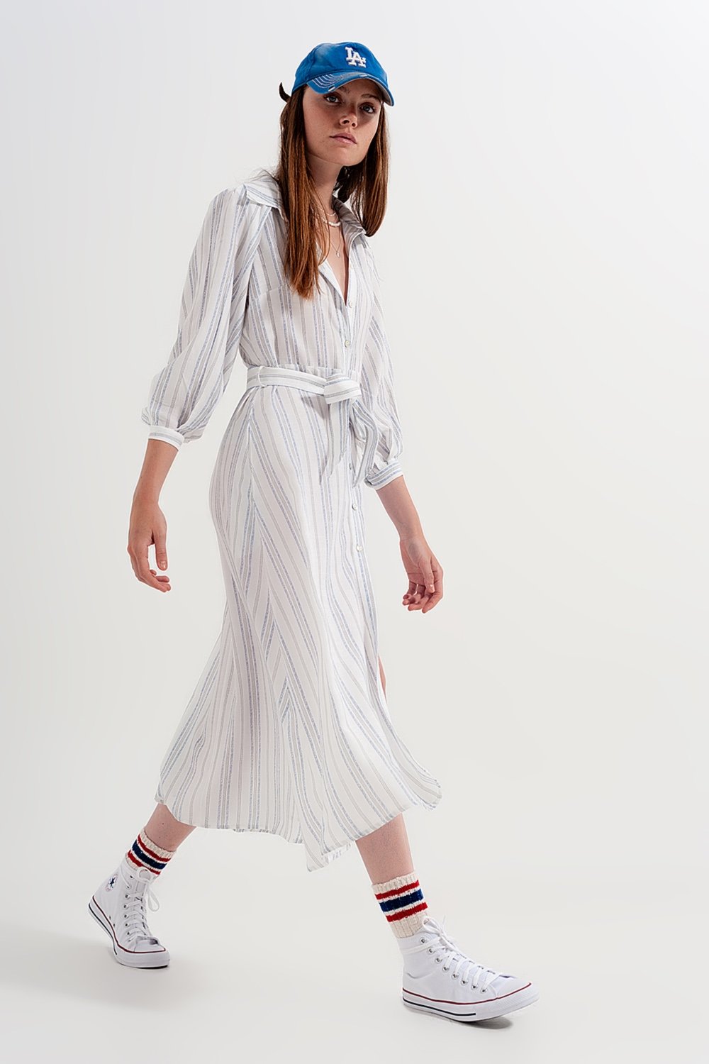 Q2 Button Through Smock Midi Dress in Stripe