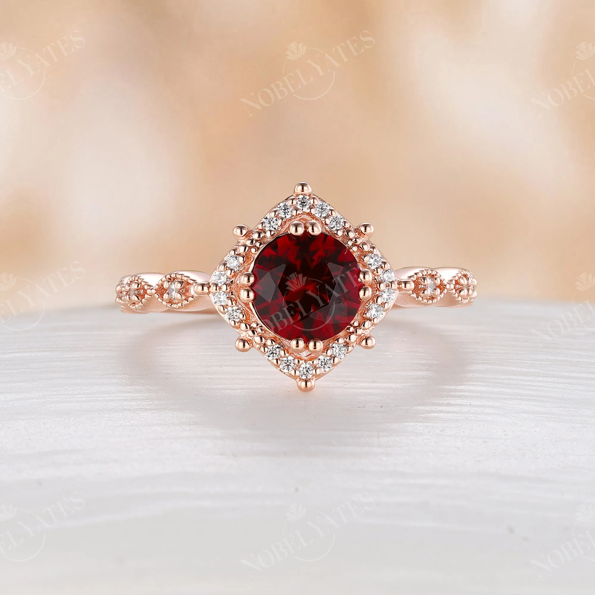 Round Lab Ruby Moissanite Halo Engagement Ring Vintage Band