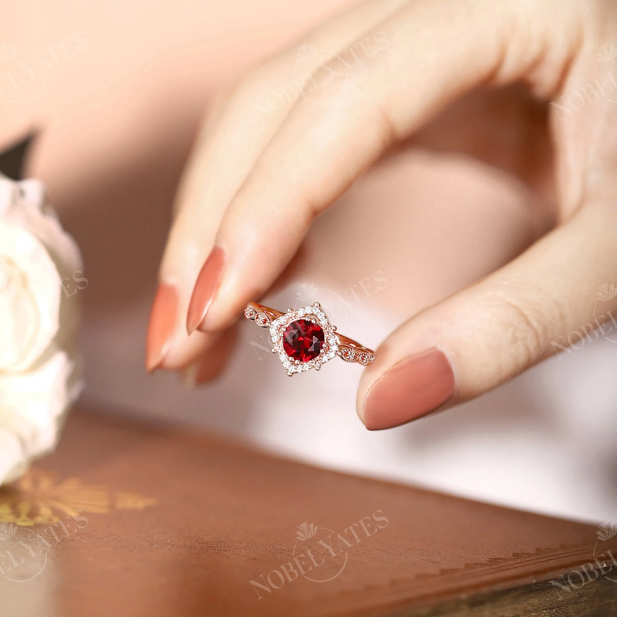 Round Lab Ruby Moissanite Halo Engagement Ring Vintage Band