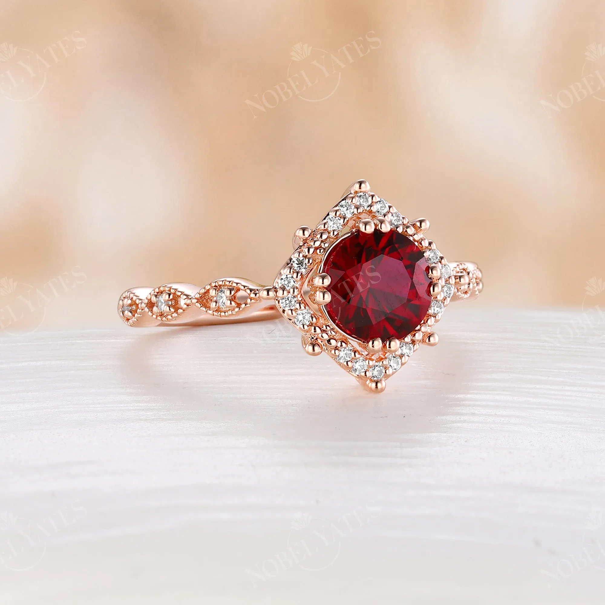 Round Lab Ruby Moissanite Halo Engagement Ring Vintage Band