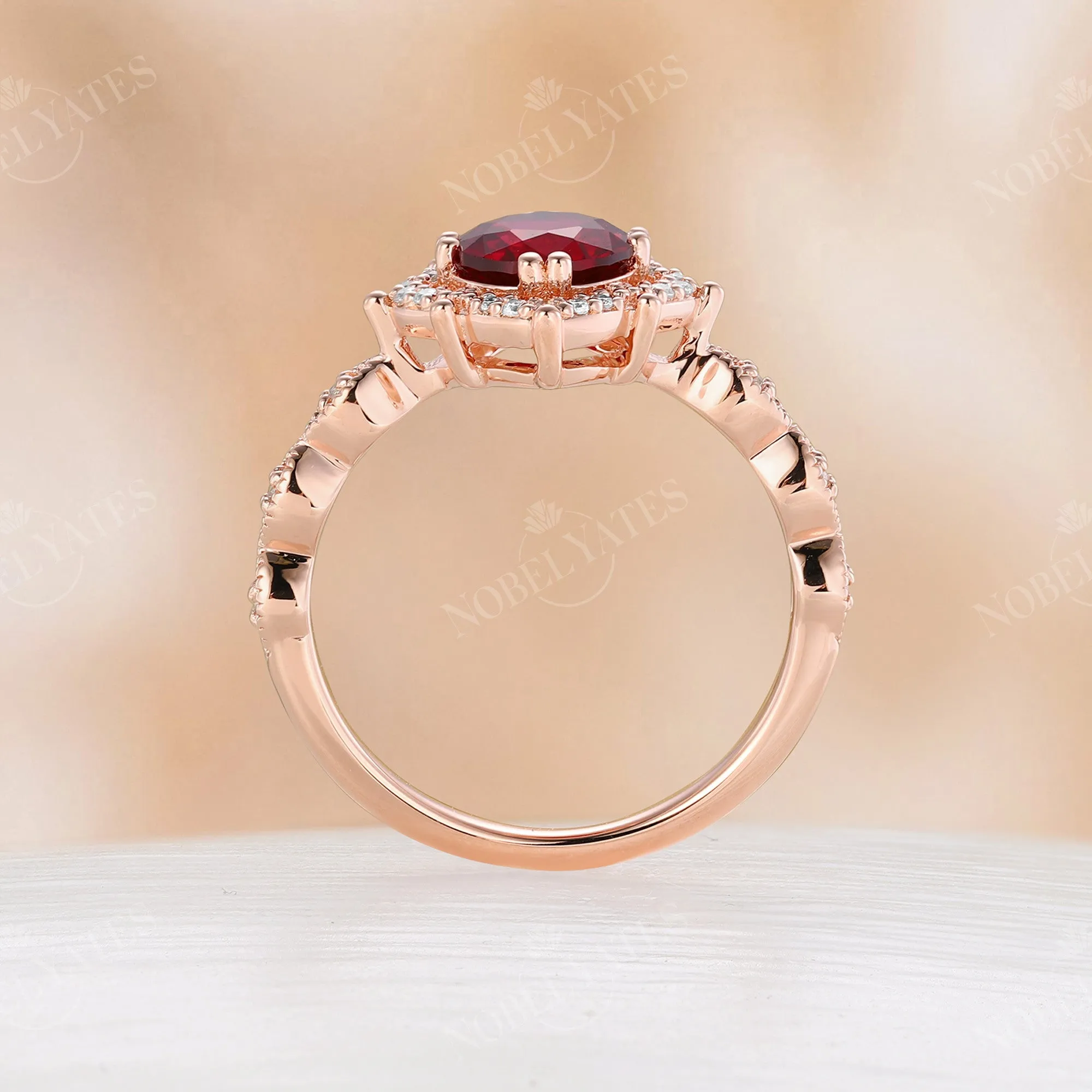 Round Lab Ruby Moissanite Halo Engagement Ring Vintage Band