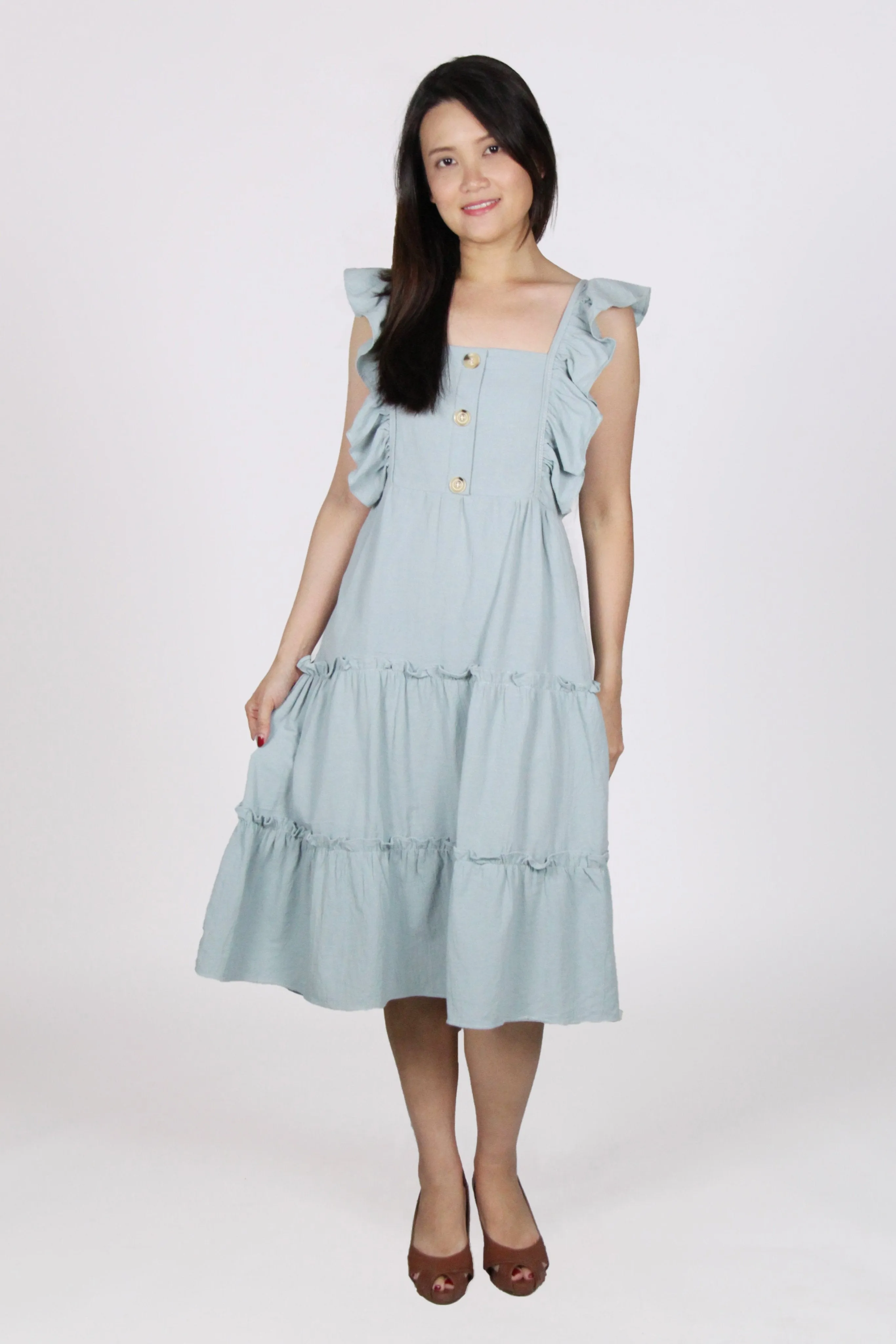 Ruffles Sleeveless Flare Midi Dress in Light Blue