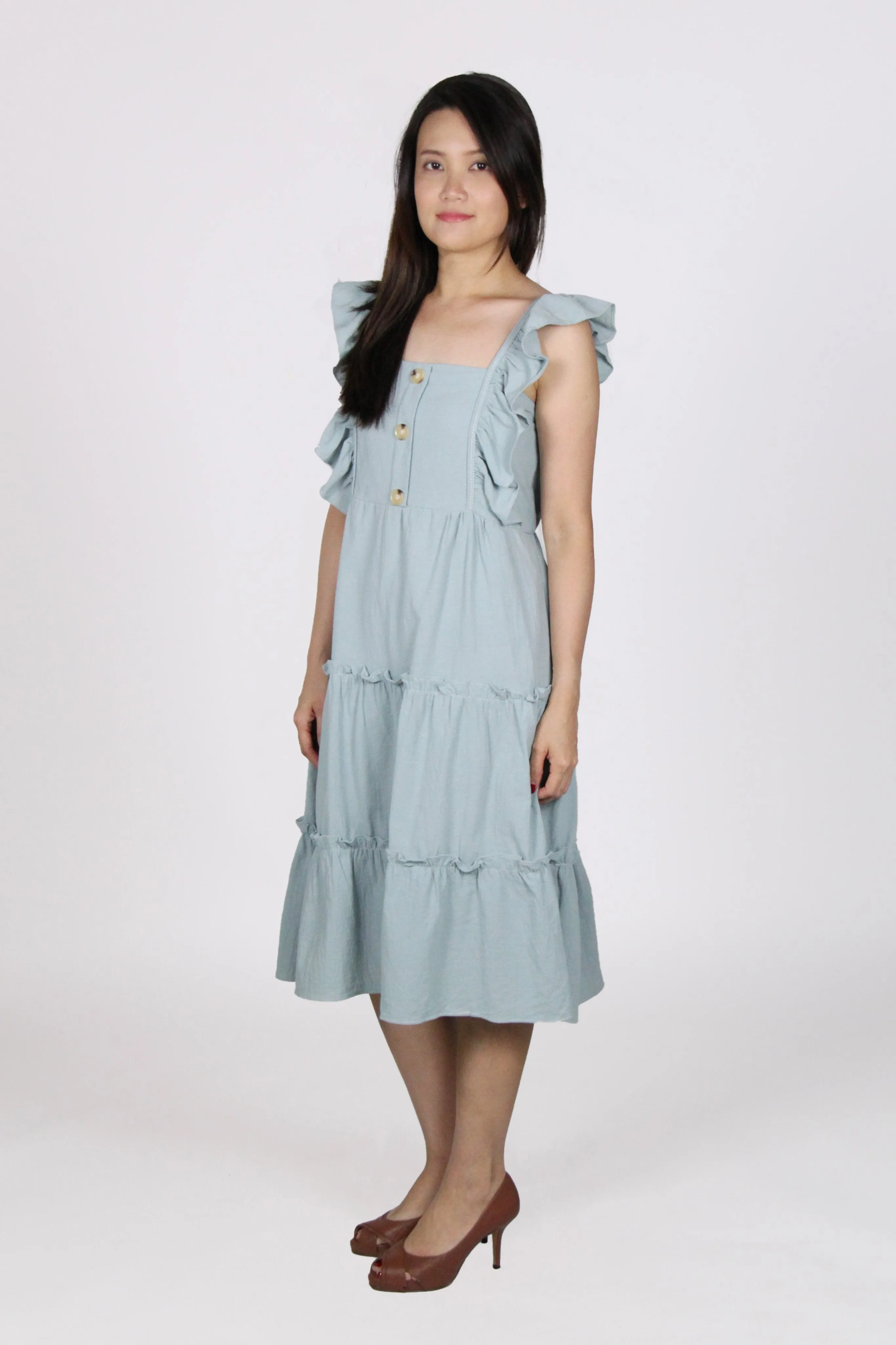 Ruffles Sleeveless Flare Midi Dress in Light Blue