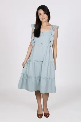 Ruffles Sleeveless Flare Midi Dress in Light Blue