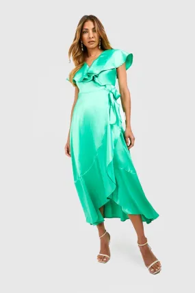 Satin Ruffle Wrap Dress