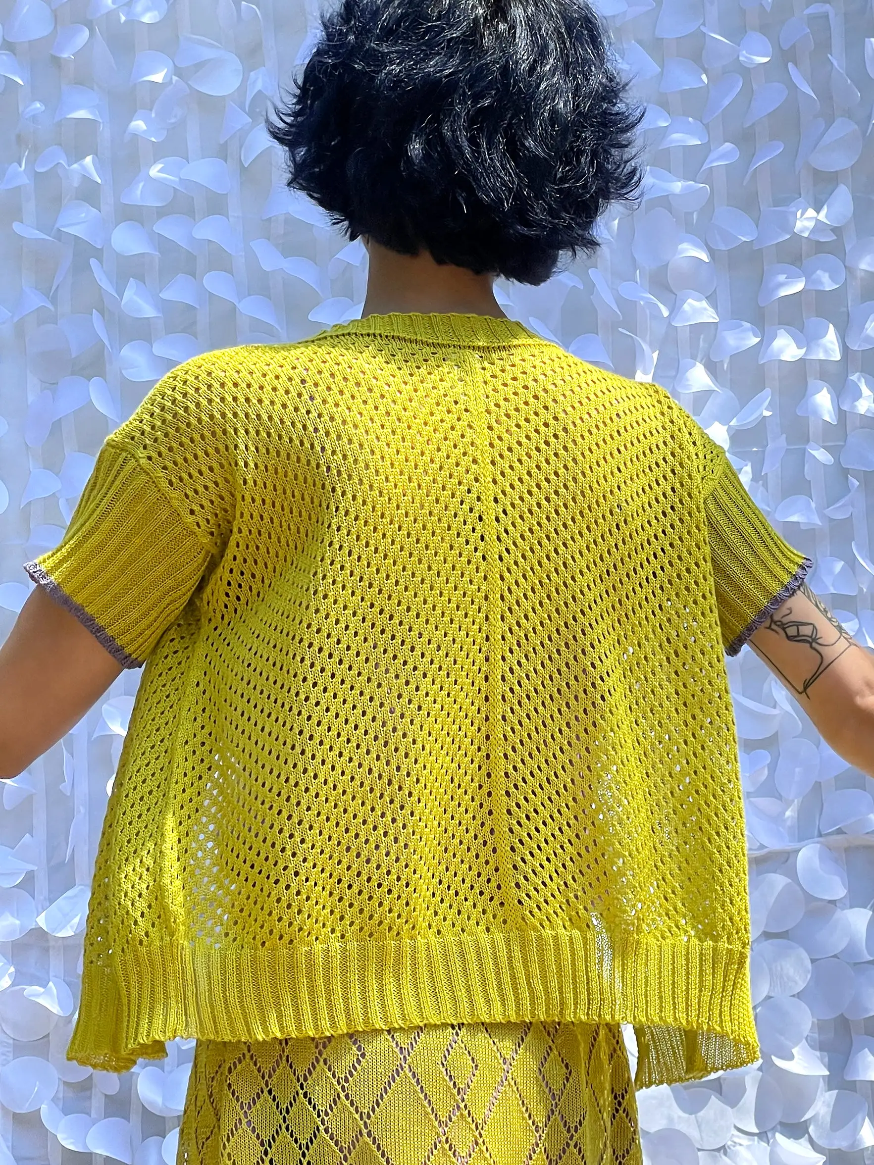 Short Sleeve Starry Pointelle Cardigan- Yellow