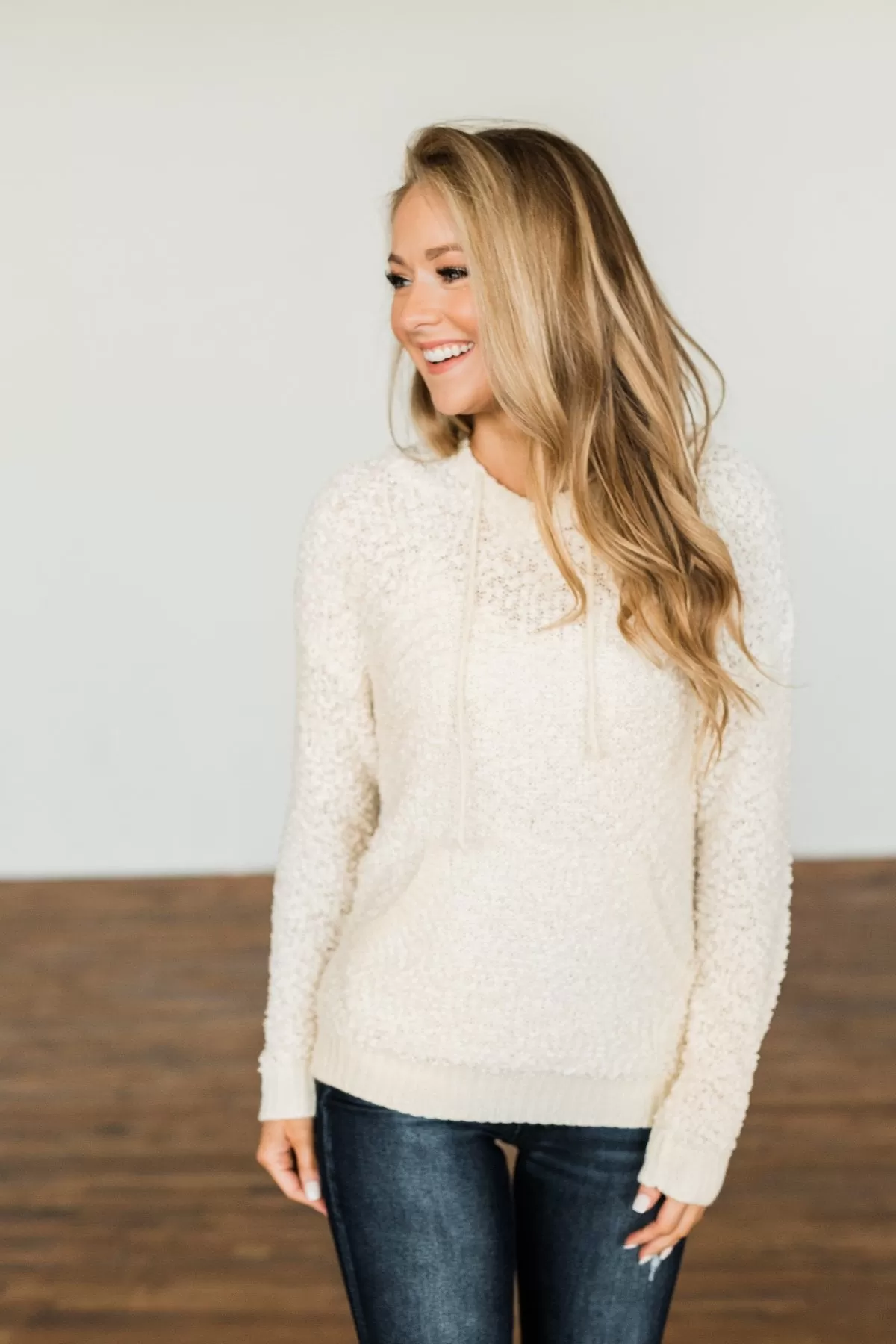 Sweet By Nature Popcorn Knit Hoodie- Cream