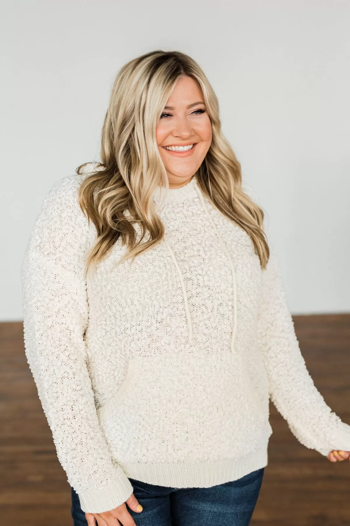 Sweet By Nature Popcorn Knit Hoodie- Cream