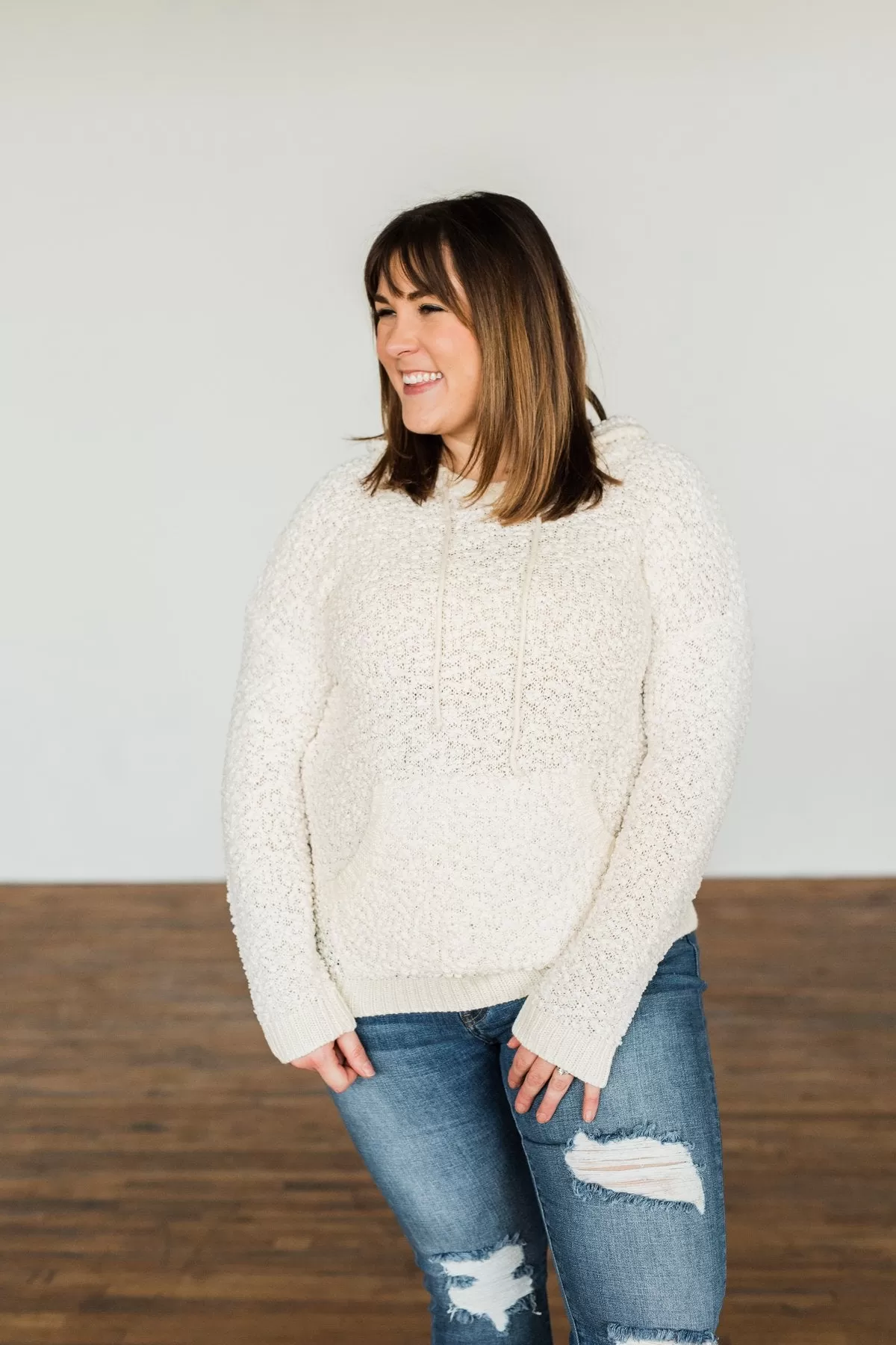 Sweet By Nature Popcorn Knit Hoodie- Cream