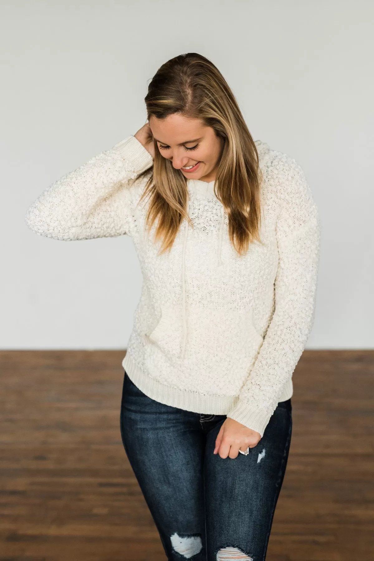 Sweet By Nature Popcorn Knit Hoodie- Cream