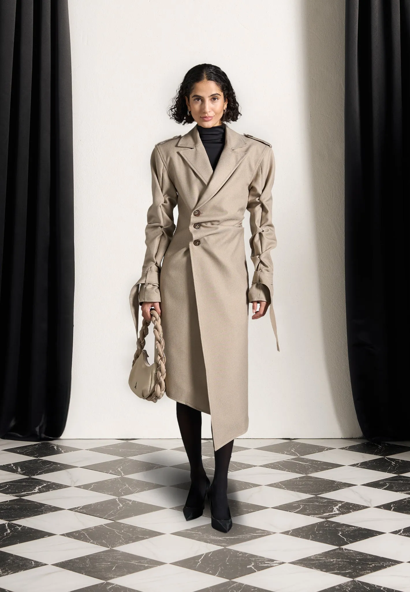 Tacked Sleeve Asymmetric Tailored Trench Coat - Beige