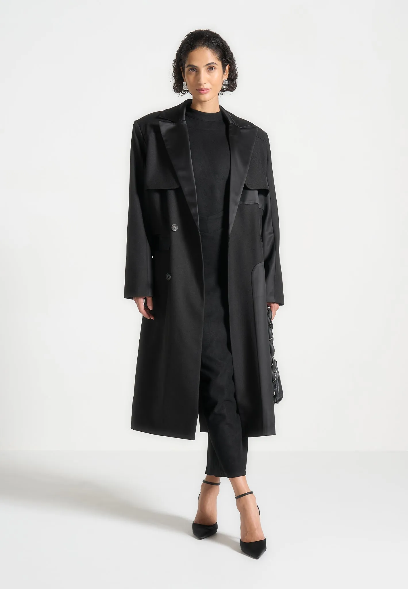 Tailored Satin Trench Coat - Black