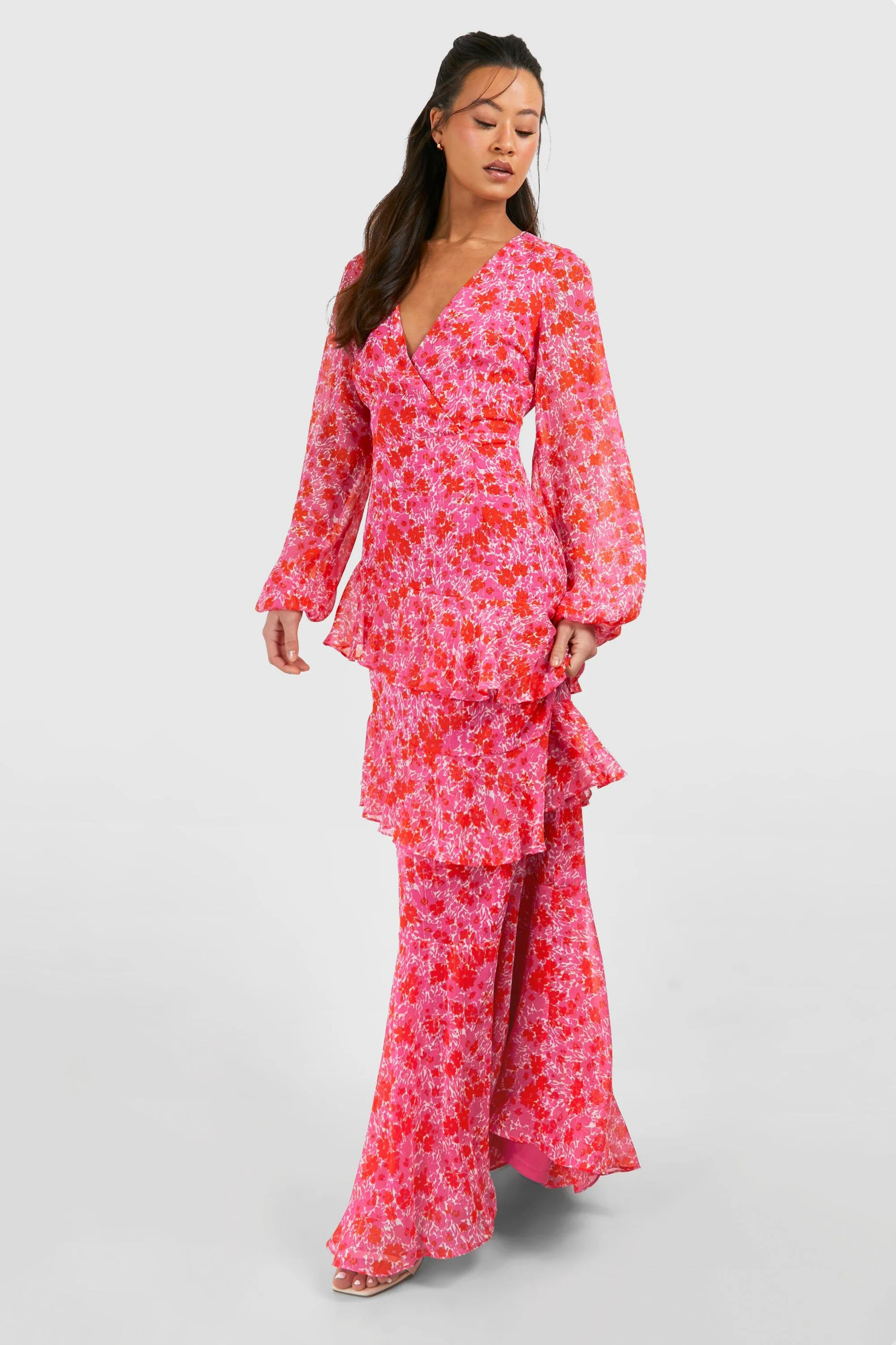 Tall Woven Floral Wrap Tiered Maxi Dress