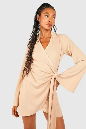 Textured Tie Waist Wrap Mini Dress