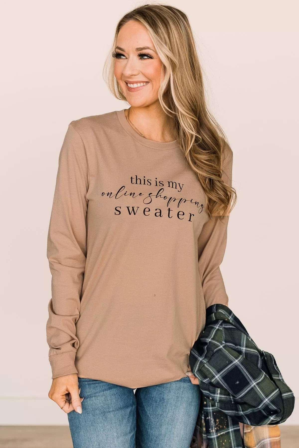 This Is My Online Shopping Sweater Graphic Top- Tan